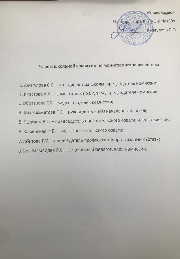 "Тамақтану сапасына мониторинг жүргізу үшін комиссия құру туралы" бұйрық