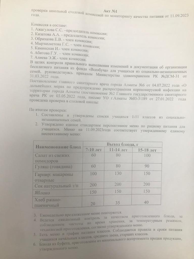 АКТ по контролю столовой